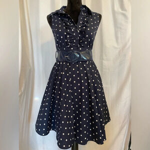 Blue & White Polka Dot V-neck Sleeveless A-line Dress Size Medium